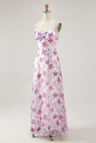 Purple Flower A-Line Spaghetti Straps Front Knot Print Maxi Wedding Guest Dress with Slit