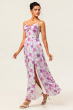 Purple Flower A-Line Spaghetti Straps Front Knot Print Maxi Bridesmaid Dress with Slit