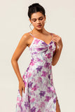 Purple Flower A-Line Spaghetti Straps Front Knot Print Maxi Bridesmaid Dress with Slit