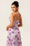 Purple Flower A-Line Spaghetti Straps Front Knot Print Maxi Bridesmaid Dress with Slit