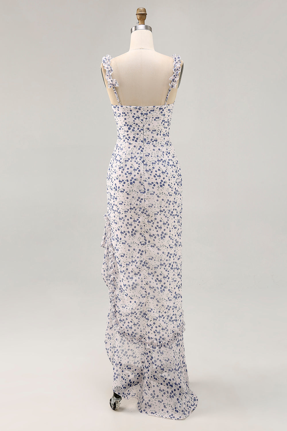 chiffon bridesmaid dress pattern Graceful Floral Spaghetti Straps Pleated Slit Chiffon Bridesmaid Dresses, Sky Blue