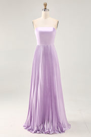 Lilac A-line Strapless Pleated Long Bridesmaid Dress with Lace Up Back