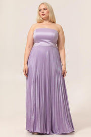 A-line Strapless Pleated Lilac Long Plus Size Bridesmaid Dress with Lace Up Back
