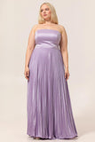 A-line Strapless Pleated Lilac Long Plus Size Bridesmaid Dress with Lace Up Back