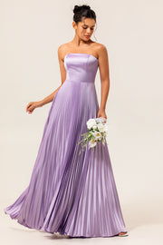 A-line Strapless Pleated Lilac Long Bridesmaid Dress with Lace Up Back