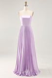 A-line Strapless Pleated Lilac Long Bridesmaid Dress with Lace Up Back