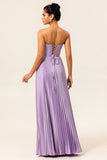 Lilac A-line Strapless Pleated Long Bridesmaid Dress with Lace Up Back