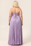 A-line Strapless Pleated Lilac Long Plus Size Bridesmaid Dress with Lace Up Back