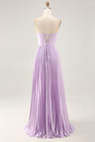 A-line Strapless Pleated Lilac Long Bridesmaid Dress with Lace Up Back