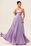 A-line Strapless Pleated Lilac Long Bridesmaid Dress with Lace Up Back
