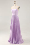 Lilac A-line Strapless Pleated Long Bridesmaid Dress with Lace Up Back