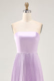 Lilac A-line Strapless Pleated Long Bridesmaid Dress with Lace Up Back