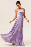 A-line Strapless Pleated Lilac Long Bridesmaid Dress with Lace Up Back