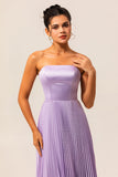 A-line Strapless Pleated Lilac Long Bridesmaid Dress with Lace Up Back