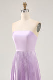 Lilac A-line Strapless Pleated Long Bridesmaid Dress with Lace Up Back