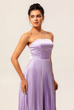 A-line Strapless Pleated Lilac Long Bridesmaid Dress with Lace Up Back
