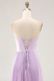 Lilac A-line Strapless Pleated Long Bridesmaid Dress with Lace Up Back