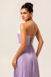 A-line Strapless Pleated Lilac Long Bridesmaid Dress with Lace Up Back