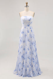 Blue Flower A-Line Chiffon Strapless Pleated Print Long  Bridesmaid Dress