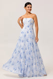 Blue Flower A-Line Chiffon Strapless Pleated Print Long  Bridesmaid Dress