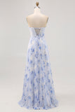 Blue Flower A-Line Strapless Pleated Chiffon Print Long Bridesmaid Dress with Lace Up Back
