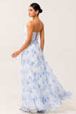Blue Flower A-Line Strapless Pleated Chiffon Print Long Bridesmaid Dress with Lace Up Back
