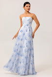 Blue Flower A-Line Strapless Pleated Chiffon Print Long Bridesmaid Dress with Lace Up Back
