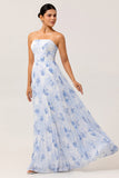 Blue Flower A-Line Strapless Pleated Chiffon Print Long Bridesmaid Dress with Lace Up Back