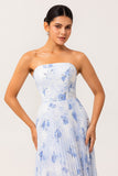 Blue Flower A-Line Strapless Pleated Chiffon Print Long Bridesmaid Dress with Lace Up Back