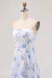 Blue Flower A-Line Chiffon Strapless Pleated Print Long  Bridesmaid Dress