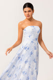 Blue Flower A-Line Strapless Pleated Chiffon Print Long Bridesmaid Dress with Lace Up Back