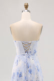 Blue Flower A-Line Chiffon Strapless Pleated Print Long  Bridesmaid Dress