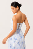 Blue Flower A-Line Strapless Pleated Chiffon Print Long Bridesmaid Dress with Lace Up Back