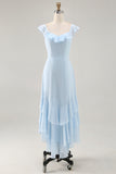 Sky Blue A-line Ruffled Chiffon Bridesmaid Dress with Lace Up Back