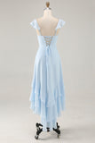 Sky Blue A-line Ruffled Chiffon Bridesmaid Dress with Lace Up Back