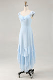 Sky Blue A-line Ruffled Chiffon Bridesmaid Dress with Lace Up Back