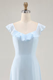 Sky Blue A-line Ruffled Chiffon Bridesmaid Dress with Lace Up Back