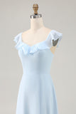 Sky Blue A-line Ruffled Chiffon Bridesmaid Dress with Lace Up Back