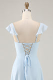 Sky Blue A-line Ruffled Chiffon Bridesmaid Dress with Lace Up Back