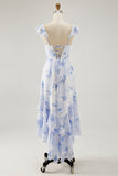 Blue Flower A-line Off The Shoulder Ruffled Wedding Guest Dress with Lace Up Back