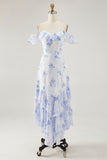 Blue Flower A-line Off The Shoulder Ruffled Wedding Guest Dress with Lace Up Back