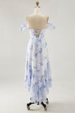 Blue Flower A-line Off The Shoulder Ruffled Wedding Guest Dress with Lace Up Back
