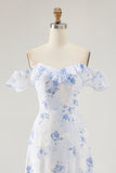 Blue Flower A-line Off The Shoulder Ruffled Wedding Guest Dress with Lace Up Back