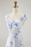 Blue Flower A-line Off The Shoulder Ruffled Wedding Guest Dress with Lace Up Back