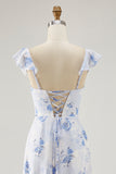Blue Flower A-line Off The Shoulder Ruffled Wedding Guest Dress with Lace Up Back