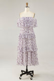Purple Flower A-Line Off The Shoulder Chiffon Bridesmaid Dress with Ruffles