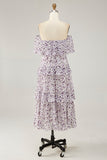 Purple Flower A-Line Off The Shoulder Chiffon Bridesmaid Dress with Ruffles