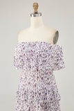 Purple Flower A-Line Off The Shoulder Chiffon Bridesmaid Dress with Ruffles