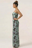 Blue Sheath Strapless White Floral Back Slit Satin Long Bridesmaid Dress with Pockets