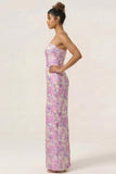 Blue Sheath Strapless White Floral Back Slit Satin Long Bridesmaid Dress with Pockets